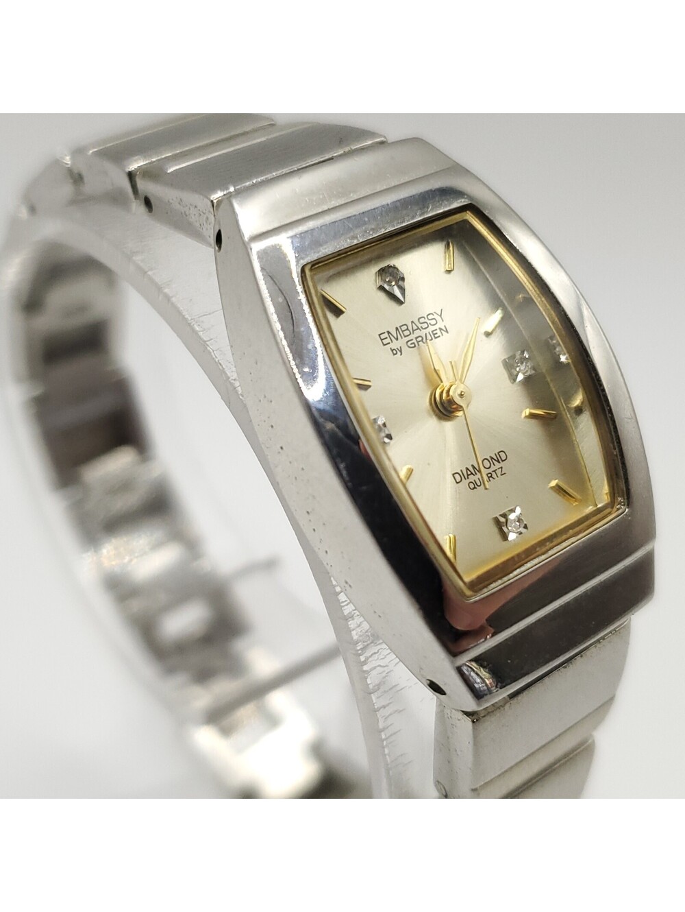 Embassy By Gruen Diamond Watch Women New Battery 20mm Silver Tone